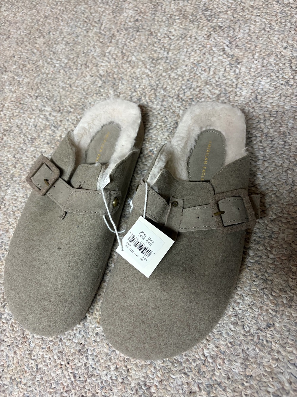 American Eagle Outfitters Taupe Faux-Shearling Buckle Slip-On Clogs
